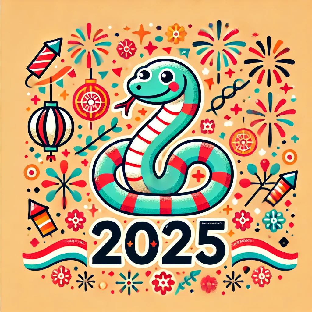 DALL·E 2025 01 26 11.23.01 A festive illustration celebrating the year 2025 Eulsa year featuring a cheerful snake as the central symbol with vibrant colors and playful desig